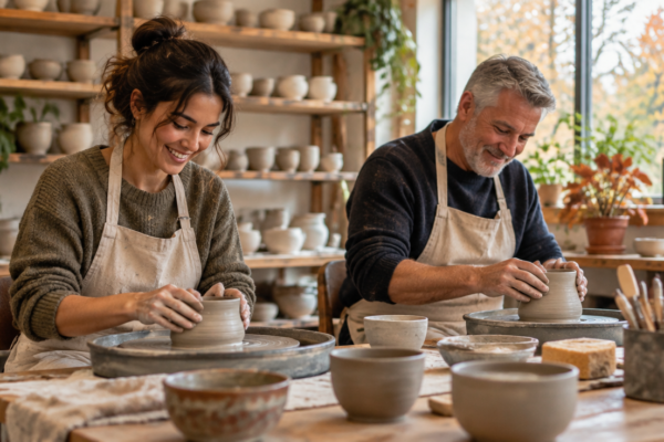 Atelier de ceramică luminos cu o femeie și un bărbat care modelează lut la o masă comună, toamna