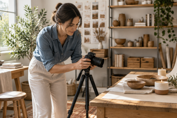 Femeie într-un mic studio luminos de acasă, care fotografiază obiecte lucrate manual pentru portofoliul ei, lângă un raft cu ceramică