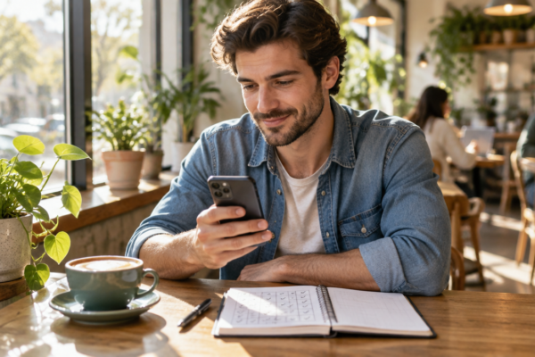 Tânăr citind pe telefon la o masă de cafenea, cu un caiet cu bife pentru fiecare zi a provocării